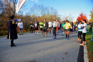 Runners get a pre race pep talk from Gen. George Washington before there start of the first ever Brandywine Battlefield 5K.