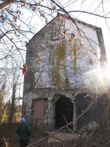 Linda Kaat looks up at the English-style barn on the Strode's Mill property, a building that has been deemed structurally sound.