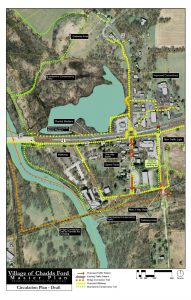 The yellow lines show the location of proposed pedestrian walkways in  the draft for the Chadds Ford Village Master Plan.
