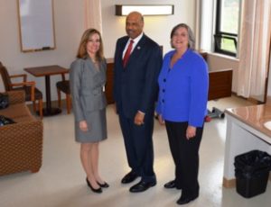 Chester County Commissioners Michelle Kichline (from left), Terence Farrell, and Kathi Cozzone tour one of the renovated rooms at the Pocopson Home.