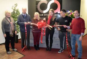 Gathered for the ribbon-cutting at Club Studio Arts are Mary Hutchins, executive director of Historic Kennett Square; David 